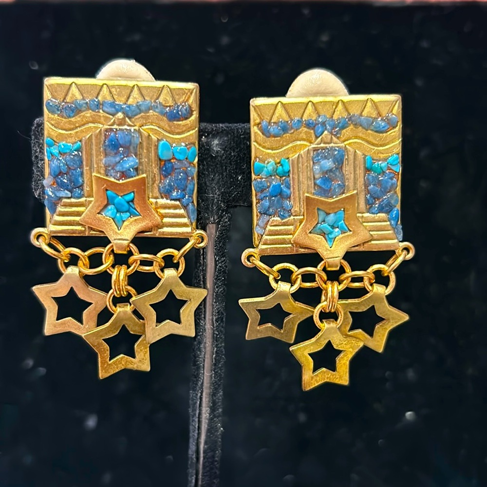 Vintage Blue & Gold Stars Dangle Earrings-Boutique